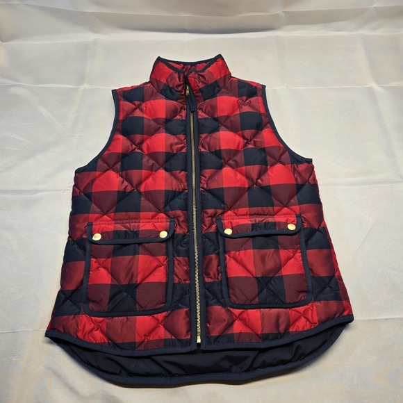 J Crew Womens Excursion Puffer Vest Small Down Buffalo Plaid Full‎ Zip Pockets - Picture 1 of 8